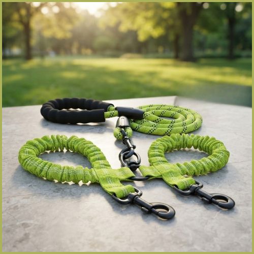 Laisse-double-pour-chien-avec-coutures-reflechissantes-vert