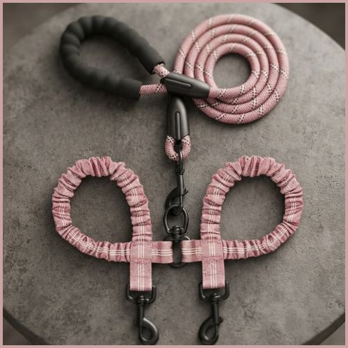 Laisse-double-pour-chien-avec-coutures-reflechissantes-rose