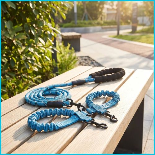Laisse-double-pour-chien-avec-coutures-reflechissantes-turquoise