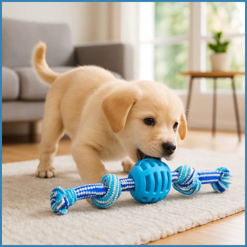 balle-pour-chien- petite-taille-et-chiot-avec-corde-bleu